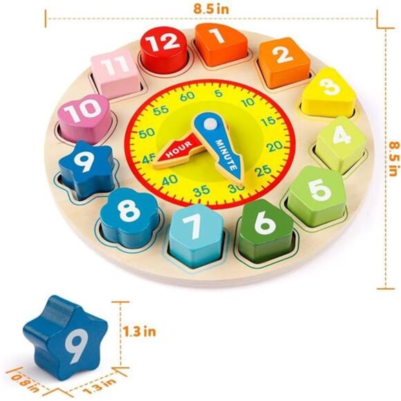 Wooden Shape Color Sorting Clock – Teaching Time Number Puzzle Stacking - Picture 3 of 7